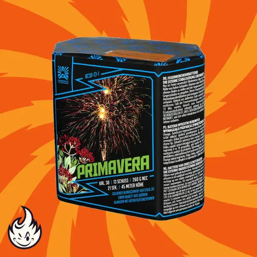 Eine leuchtende Argento Primavera Feuerwerksbatterie Box von Argento, mit Feuerwerk und roten Blumen auf orangem Hintergrund mit strahlenden Linien, einem kleinen Flammensymbol, sowie 13 Schuss und 30 mm Kaliber.