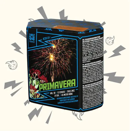 Argento Primavera von Argento ist eine Feuerwerksbatterie mit 13 Schuss und 30 mm Kaliber, die ein lebendiges Feuerwerk über roten Blumen mit Neon-Akzenten und Sicherheitsinformationen auf der Box zeigt.