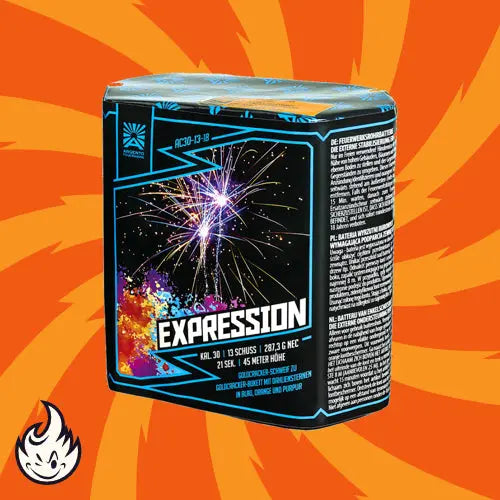 Eine leuchtende Argento Expression Feuerwerksbatterie-Box von Argento wird auf einem orangefarbenen, wirbelnden Hintergrund gezeigt. Die Box verfügt über 13 Schuss- und Goldcracker-Effekte sowie ein kleines Flammenlogo in der unteren linken Ecke.
