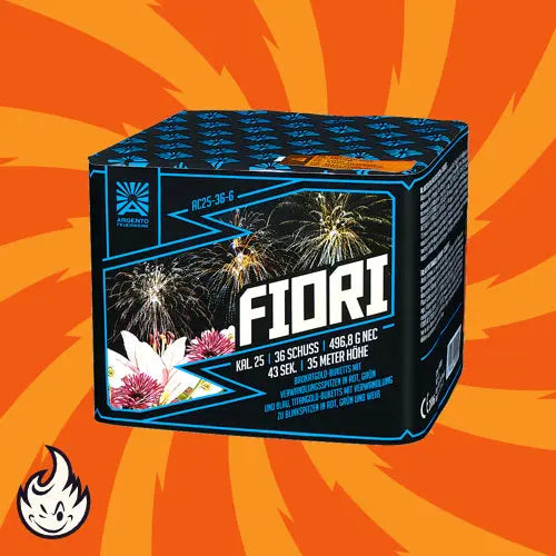 Eine leuchtende Schachtel mit der Aufschrift "Argento Fiori" von Argento, die ein Feuerwerk und eine Blumengrafik zeigt, befindet sich auf einem orangefarbenen Hintergrund mit strahlenden Linien. In der unteren linken Ecke ist ein kleines Flammensymbol zu sehen, das den eleganten Eindruck noch verstärkt.
