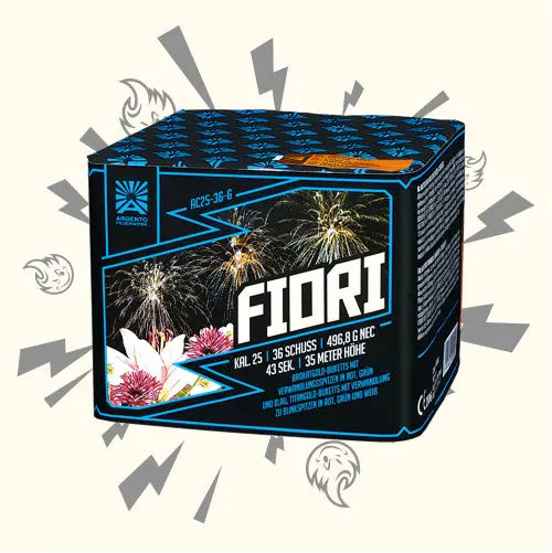 Die schwarz-blaue Argento Fiori Feuerwerksdose von Argento zeigt ein knallendes Feuerwerk und bunte Blumen, mit eleganten grafischen Elementen im Hintergrund.