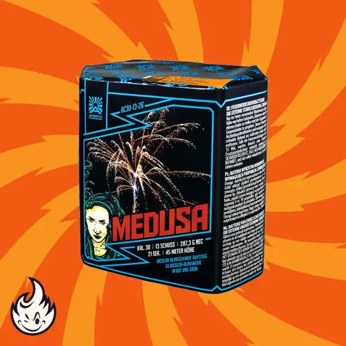 Die Argento Medusa Feuerwerksdose von Argento zeigt ein schwarzes Design mit einem illustrierten Frauengesicht mit Schlangenhaaren auf einem orangefarbenen, wirbelnden Hintergrund, der den Produktnamen und elegante Details hervorhebt.