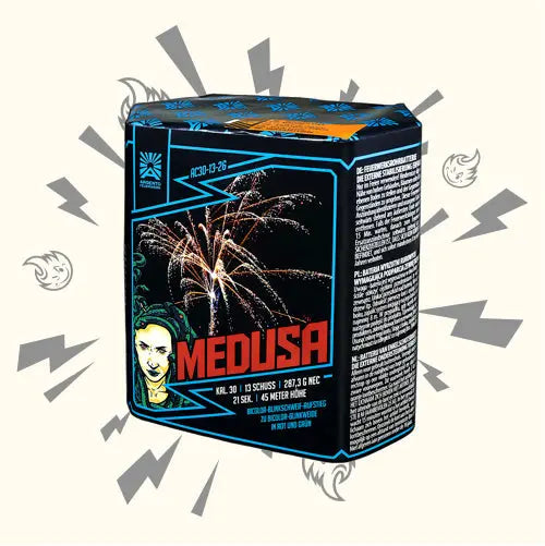 Die Argento Medusa Feuerwerksdose von Argento zeigt den Schriftzug "MEDUSA", eine Frau mit Schlangenhaar, ein Feuerwerk am Nachthimmel und einen beigen Hintergrund mit grauen Akzenten - ein elegantes Design für unvergleichliche Qualität.
