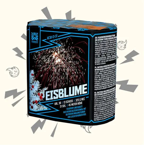 Auf einer rechteckigen Argento Feuerwerksbatterie-Verpackung mit der Aufschrift "Argento Eisblume" ist ein Blütensterne-Feuerwerk am Nachthimmel abgebildet. Die überwiegend schwarze Verpackung mit blauen und silbernen Akzenten enthält 30 mm Angaben und Sicherheitshinweise.