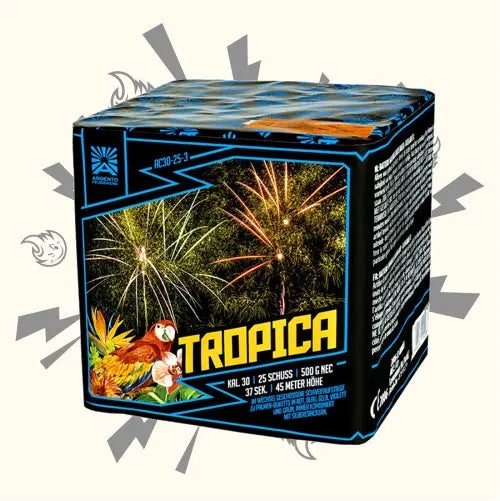 Die Argento Tropica Feuerwerksbatterie 25sh besteht aus einer farbenfrohen Box mit einem Papagei und tropischen Blumen, explodierendem Feuerwerk und hervorgehobenen Palmen-Buketts – alles in einem festlichen Argento-Design.
