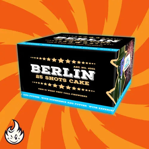 Eine Schachtel von HELLO Berlin by Hello mit schwarzem Hintergrund mit Sternen und blauen Akzenten steht vor einem orangefarbenen Hintergrund mit wirbelnden Mustern und einem kleinen Flammensymbol in der Ecke.
