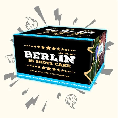 Eine "HELLO Berlin"-Feuerwerksdose von Hello mit einem schwarz-blauen Design mit Sternen, fetter Schrift, blinkenden Linien und Cartoon-Feuerwerksgesichtern im Hintergrund.