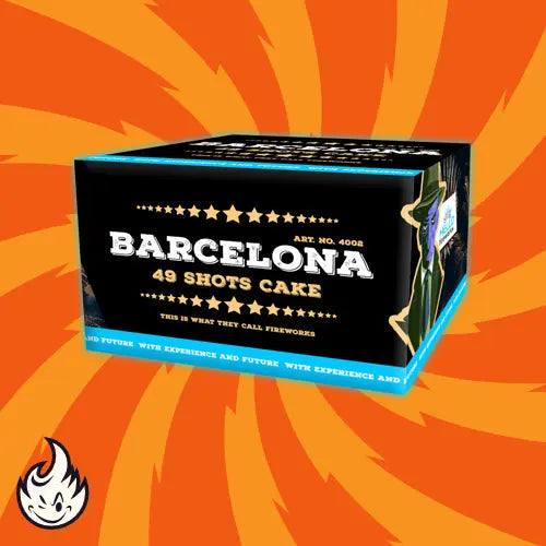 Eine schwarze Hello Feuerwerksbatterie-Box mit der Aufschrift "HELLO Barcelona" steht vor einem orangefarbenen Hintergrund mit wirbelnden Strahlen, mit einem kleinen Flammenlogo in der Ecke und dem Schriftzug "NEUHEIT 2024".