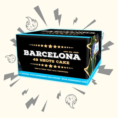 Eine rechteckige Feuerwerksbatterie-Box mit der Aufschrift "HELLO Barcelona" von Hello, mit Sternen und Text, vor einem hellen Hintergrund mit illustrierten grauen Ausbrüchen und lächelnden Gesichtern. Gekennzeichnet als NEUHEIT 2024.