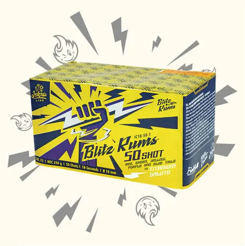 Eine gelbe und blaue Schachtel mit der Aufschrift "Iskra Blitz Rums 50" der Marke Iskra zeigt einen Blitz und eine Faust-Grafik. Energetische Designs, explosive Lichteffekte und illustrierte Ausbrüche schaffen lebendige Feuerwerksmomente auf einem cremefarbenen Hintergrund.