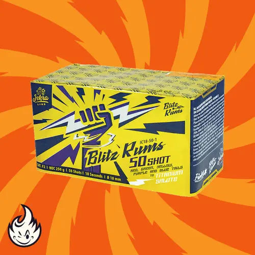 Eine Dose Iskra Blitz Rums 50 Feuerwerk von Iskra steht vor einem orange-gelben Swirl-Hintergrund. Die blau-gelbe Dose mit einem Blitz-Faust-Design verspricht 50 Schuss für leuchtende Feuerwerksmomente und beeindruckende Lichteffekte.