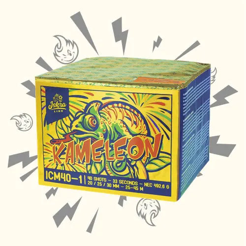 Die farbenfrohe Iskra Kameleon Mixed Feuerwerksbatterie Box von Iskra zeigt eine bunte Chamäleon-Illustration und 40 Schuss Mix-Kaliber-Details vor einem hellen Hintergrund mit verspielten Ausbrüchen.