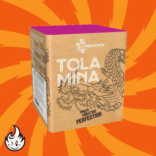 Eine braune Schachtel mit der Aufschrift "J-Fireworks Tola Mina" und dem Schriftzug "Power Prestige Perfection" sowie einer Drachenillustration, die Buketts Effekte zeigt, vor einem orange-gelben spiralförmigen Hintergrund mit einem kleinen Flammensymbol in der Ecke. Marke: J-Fireworks.