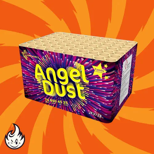 Die Angeldust-Box von J-Fireworks zeigt ein Burst-Design auf einem leuchtend orange-gelben Hintergrund mit einem weißen Flammensymbol in der unteren linken Ecke.