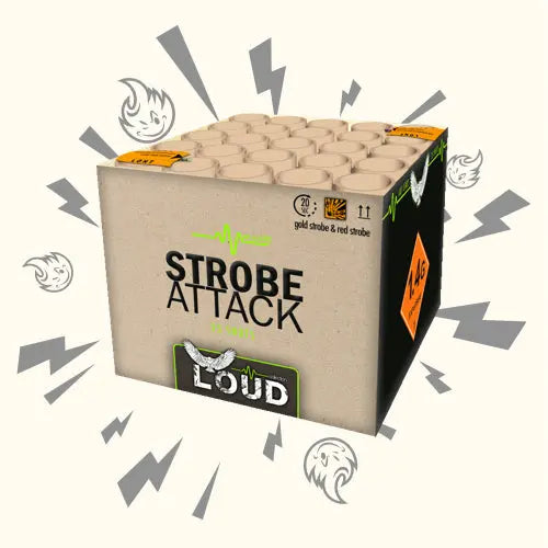 Eine Feuerwerksbatterie-Box aus Pappe mit der Aufschrift "Katan Strobe Attack" von Katan zeigt "LOUD" in Fettschrift, Warnhinweise, Cartoon-Blitze und geisterhafte Gesichter auf hellem Hintergrund im Massiv-Blinker-Design.