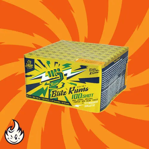 Eine gelbe und grüne Iskra Blitz Rums 100 Feuerwerksdose erscheint auf einem orangefarbenen Hintergrund mit einem kleinen Flammensymbol unten links, das die Marke Iskra hervorhebt.