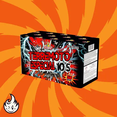Die Feuerwerksdose El Gato Terremoto Especial 10s Ti-Salut von El Gato zeigt eine Blitzgrafik auf einem leuchtend orangefarbenen, gelben und roten Hintergrund mit einem kleinen Flammensymbol in der unteren linken Ecke.