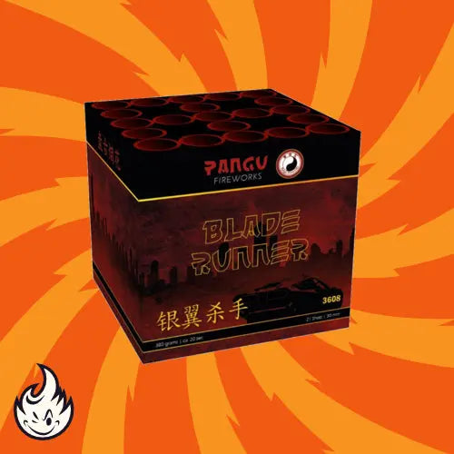 Eine Schachtel GBV Weco Pangu Blade Runner steht auf einem orangefarbenen, wirbelnden Hintergrund. Die Verpackung zeigt eine Stadtlandschaft, englischen und chinesischen Text und ein Flammenlogo in der unteren linken Ecke.