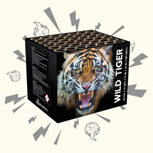Der Pyrocentury Wild Tiger von Pyrocentury zeigt ein kühnes Tigergesicht auf einer schwarzen Box, akzentuiert mit Blitzen und Flammen - für farbenfrohe Effekte und Wow-Garantie bei jeder sicheren Zündung.