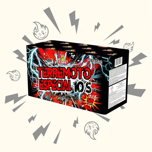 Eine lebendige Schachtel El Gato Terremoto Especial 10s Ti-Salut von El Gato mit Titanium-Salut-Effekten, Cartoon-Geistern, Blitzgrafiken und hellen Ausbrüchen auf weißem Hintergrund mit schwarzen Blitzen.