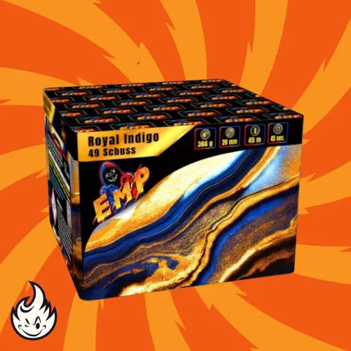 Die EMP Pyro Royal Indigo von EMP Pyro verfügt über eine blau, gold und schwarz marmorierte Box mit einem Flammensymbol auf leuchtendem Orange, das atemberaubende Goldpalmen und Brokatbuketts verspricht - die Markenzeichen dieser hochwertigen Feuerwerksbatterie.