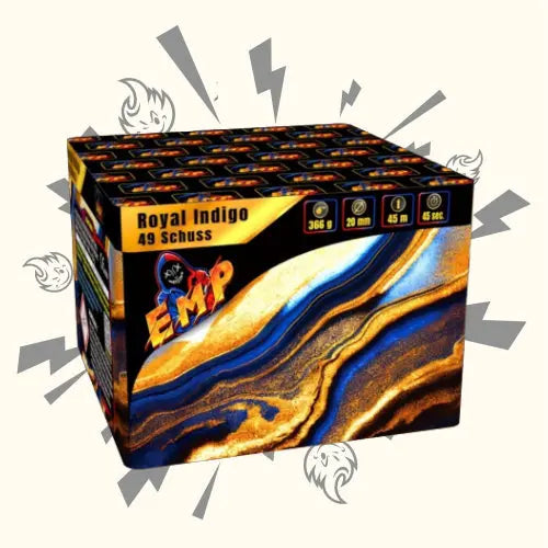 Eine leuchtende EMP Pyro Royal Indigo Box von EMP Pyro mit blauen, goldenen und schwarzen Wirbeln. Die Symbole zeigen die Effekte 366g, 30mm, 45m und 45s - Brokatbuketts und Goldpalmen-Ausbrüche. Im Hintergrund blitzt eine Blitzgrafik auf.
