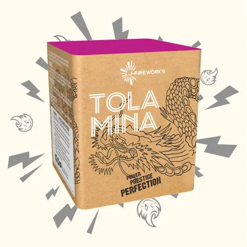 Eine braune Feuerwerkskiste mit der Aufschrift "J-Fireworks Tola Mina" von J-Fireworks zeigt Buketts, einen goldenen Drachen, eine Blitzgrafik, die Aufschrift "Power Prestige Perfection" und einen auffälligen rosa Deckel.