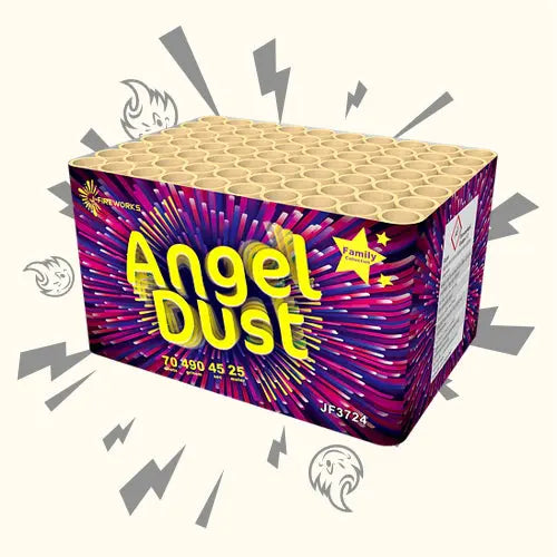 Eine leuchtende J-Fireworks Angeldust Feuerwerksbatterie-Box mit farbenfrohen Motiven, einem gelben "Family"-Stern, mehreren Rohren und auffälligen Feuerwerksgrafiken. Hergestellt von J-Fireworks.