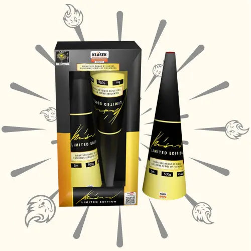 Ein schwarz-gelber, kegelförmiger Klasek Signature Range Vulkan 2er Set Feuerwerkskörper mit der Aufschrift "Limited Edition" steht neben seiner gebrandeten Schachtel, die beide eine auffällige Grafik mit Flammensymbolen im Hintergrund zeigen. Marke: Klasek.
