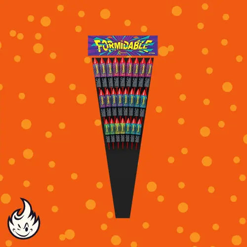 Ein Display-Ständer mit J-Fireworks Formidable-Raketen von J-Fireworks vor einem orangefarbenen Hintergrund mit gelben Punkten und einem kleinen Flammen-Cartoon-Logo in der unteren linken Ecke.