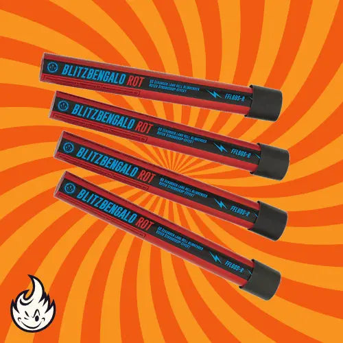 Vier Argento Blitzbengalos Rot mit schwarzen Kappen sind diagonal auf einen orange-gelben Spiralhintergrund gesetzt. Ein Flammensymbol in der Ecke unterstreicht diesen auffälligen 4er-Pack Argento Stroboskopfackeln Rot.