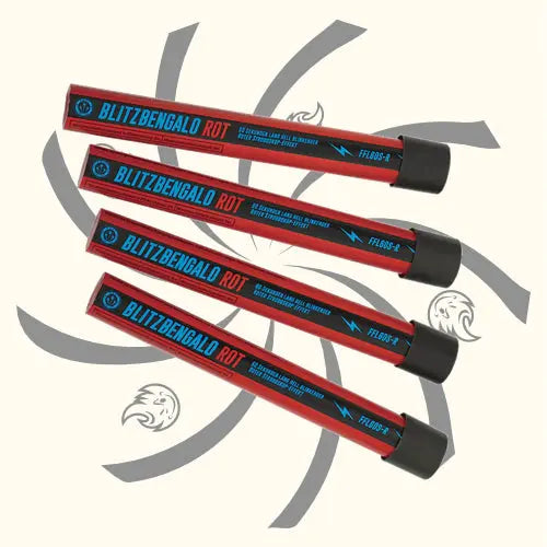 Vier Argento Blitzbengalos Rot mit schwarzen Kappen sind diagonal über einer grauen Spirale auf hellem Grund angeordnet. So präsentiert sich dieses auffällige 4er-Pack von Argento.