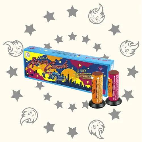 Eine farbenfrohe Albert Neon Clouds-Box mit einer Stadtlandschaft und einer Autografik steht neben zwei zylindrischen Feuertöpfen, in deren Hintergrund graue Sterne und Flammensymbole verstreut sind.