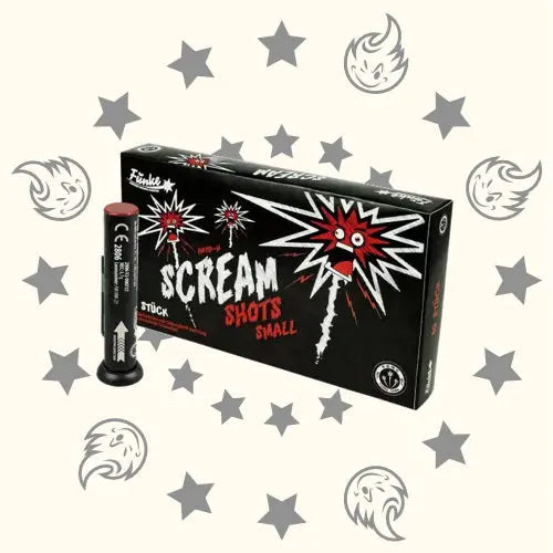 Eine schwarze Schachtel mit der Aufschrift "Funke Scream Shots" von Funke mit Cartoon-Explosionsgrafiken steht neben einer 19-mm-Bombenrohre vor einem Hintergrund mit grauen Sternen und illustrierten Geistergesichtern.