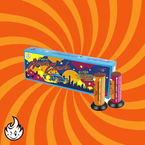 Die Albert Neon Clouds Box von Albert zeigt lebendige Stadtbilder, zwei kleine orange-rote zylindrische Feuertöpfe und wirbelnde orange-gelbe Muster mit einem Flammensymbol auf dem Hintergrund.