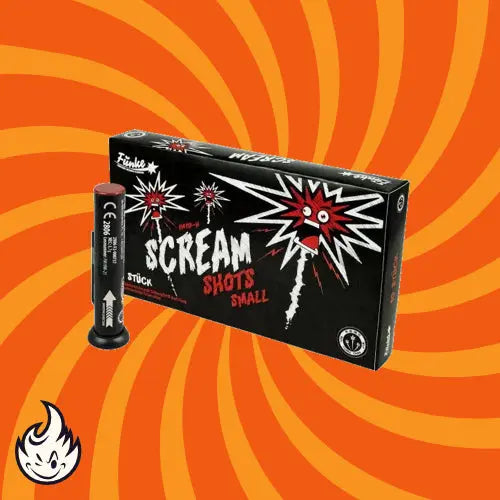 Eine schwarze Schachtel mit der Aufschrift "Funke Scream Shots" mit weißer und roter Explosionsgrafik befindet sich auf einem orangefarbenen Spiralhintergrund. Ein einzelner Funke 19 mm Bombenrohre Feuerwerkskörper befindet sich neben der Schachtel, mit einem kleinen weißen Flammenlogo in der Ecke.