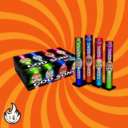 Vier leuchtende Riakeo God Song Single Shots von RIAkeo stehen aufrecht neben einer passenden Schachtel vor einem orangefarbenen, spiralförmigen Hintergrund mit einem Flammensymbol und versprechen High-End-Effekte im Kaliber 30 mm.