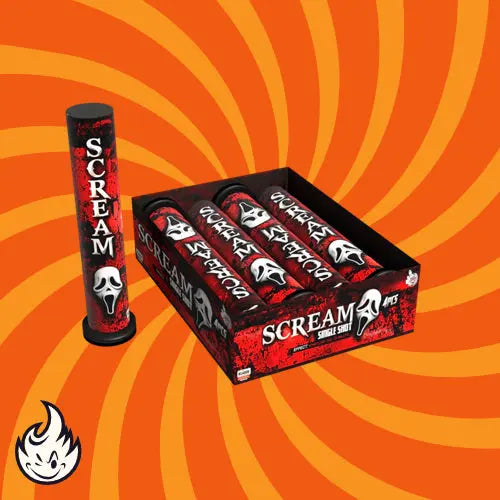 Eine rot-schwarze Schachtel mit der Aufschrift "Scream Single Shots" von Scream zeigt Bombenrohre mit dem Wort "Scream" und einer weißen Geistermaskengrafik auf einem orangefarbenen Spiralhintergrund.