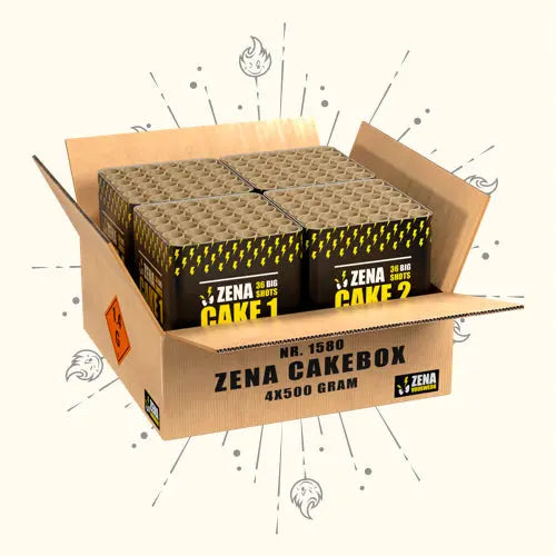 Geöffnete Pappschachtel mit der Aufschrift "Zena Cakebox A|B|C|D Showbox" von Zena, mit vier Packungen Zena Feuerwerksbatterie, jeweils mit der Aufschrift "Cake 1" oder "Cake 2" und sichtbaren Feuerwerksröhren.
