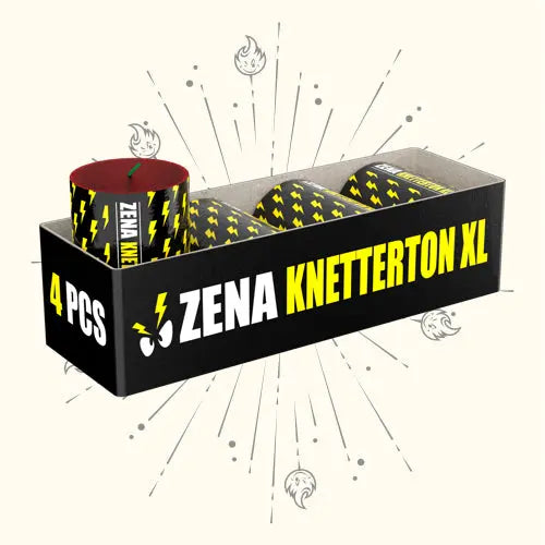 Eine Schachtel mit der Aufschrift "Zena Knetterton XL" von Zena enthält vier zylindrische Feuerwerkskörper mit schwarzen und gelben Blitzmotiven, strahlenden Linien, Feuerwerkssymbolen und knisternden Effekten für ein eindrucksvolles Display.