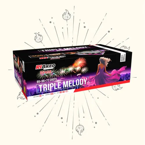 Eine Schachtel mit der Aufschrift "Riakeo Triple Melody A|B|C" von RIAkeo zeigt eine Frau in einem rosafarbenen Kleid mit einem Feuerwerk und einer Stadtlandschaft als Motiv. Dieses High-End-Feuerwerk zeigt 89-96-72 Schüsse in einem lebhaften dreifachen Verbundfeuerwerk-Design.
