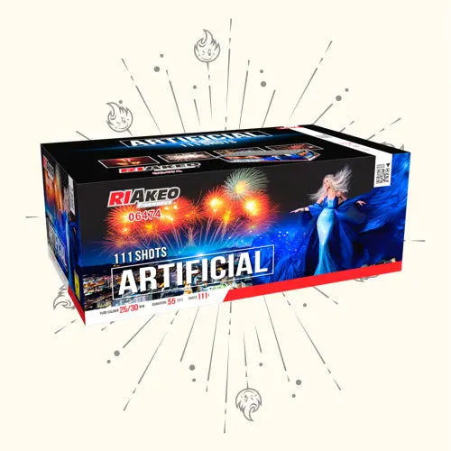 Eine rechteckige Schachtel des Feuerwerks "Riakeo Artificial" von RIAkeo mit der Aufschrift "111 Schuss Fächer-Verbundfeuerwerk" zeigt bunte, fächerförmige Explosionen und eine illustrierte Figur in einem blauen Kleid auf einer hellen Verpackung mit Sternenmustern.