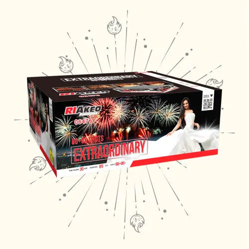 Eine Schachtel RIAkeo Extraordinary Fan-Feuerwerk mit der Aufschrift "EXTRAORDINARY" zeigt leuchtende Grafiken und eine Frau in Weiß. Dieses Doppel-Verbundfeuerwerk mit 160 Schuss von RIAkeo enthält detaillierte Angaben auf der Verpackung.