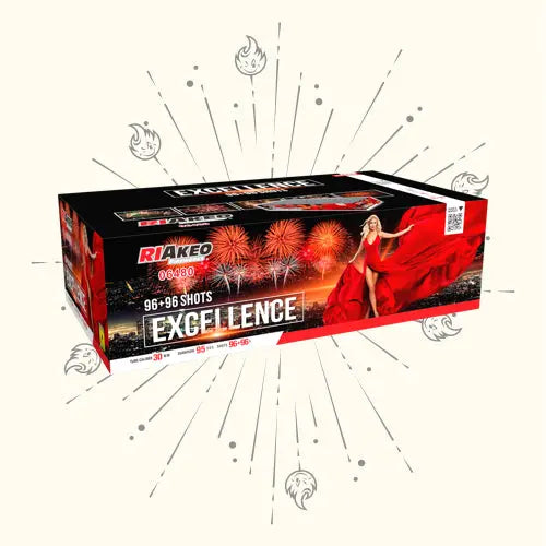 Eine rechteckige Riakeo Excellence Feuerwerksdose von RIAkeo mit 96 Schuss, einer Frau im roten Kleid, bunten Explosionen, stilisierten Funken und Werbung für High-End Feuerwerk für ein beeindruckendes Doppel-Verbundfeuerwerk.