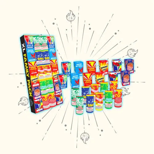 Eine bunte Auswahl an Feuerwerkskörpern in verschiedenen Formen und Größen steht vor einer großen Box mit der Aufschrift "HELLO XL Family Pack". Das Hello-Markenset liefert leuchtende Effekte mit Wow-Garantie für ein unvergessliches Feuerwerk 2024.