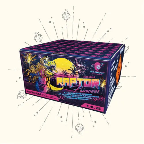 Die Feuerwerkskörper-Dose "Raptor Princess" von Albert zeigt einen Tiara tragenden Dinosaurier mit Umhang, ein Feuerwerk und einen Vollmond in Rosa-, Gelb- und Violetttönen. Kategorie F, Gefahrengutklasse 1.4G.