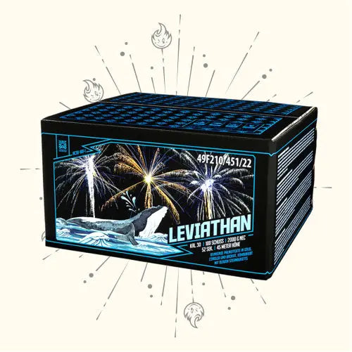 Eine Schachtel mit der Aufschrift „Argento Leviathan 100sh Compound“ von Argento zeigt einen Wal und ein buntes Feuerwerk und stellt das farbenfrohe und effektreiche Verbundfeuerwerk zur Schau. An den Seiten befinden sich Produktinformationen und der Warnhinweis „Sichere Zündung“.