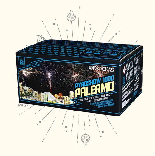 Eine rechteckige Schachtel mit der Aufschrift "Argento Pyroshow 1000-A Palermo" von Argento zeigt Feuerwerk über einer Stadtlandschaft. Die überwiegend schwarze Verpackung mit blauen Akzenten ist an den Seiten mit detaillierten Produktinformationen versehen.