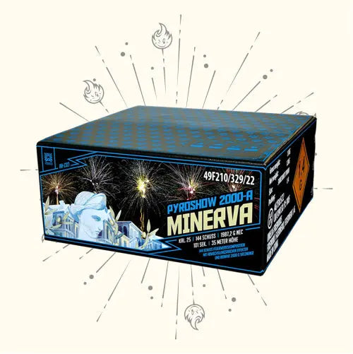 Auf einer blau-schwarzen Argento-Schachtel mit der Aufschrift "Pyroshow 2000 Minerva | Reconquista 144sh" sind ein Feuerwerk und eine Statue abgebildet, während die Verpackung des Verbundfeuerwerks von illustrierten Funken- und Flammensymbolen auf weißem Hintergrund umgeben ist.