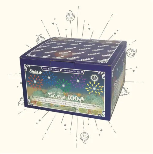 Eine blaue, rechteckige Schachtel mit der Aufschrift "Funke Scala 100A Cakebox" von Funke, mit buntem Feuerwerk und weißen Rändern auf einem strahlend hellen Hintergrund - ideal für Fans, die ein lebendiges 30 mm Verbundfeuerwerk erleben möchten.